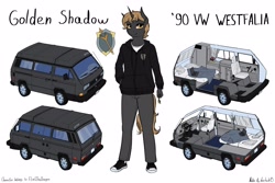 Size: 4096x2740 | Tagged: safe, artist:apocheck13, oc, oc only, oc:golden shadow, species:anthro, species:pony, species:unicorn, clothing, commission, cutaway, explicit source, hoodie, male, pants, reference sheet, shirt, shoes, simple background, sneakers, solo, stallion, van, white background