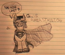 Size: 1800x1518 | Tagged: safe, artist:smacktabular, oc, oc only, oc:superstallion, species:earth pony, species:pony, g5, beard, bodysuit, cape, clothing, crossover, dc comics, dialogue, facial hair, lined paper, sketch, speech bubble, superhero, text, traditional art