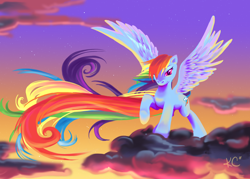 Size: 2100x1500 | Tagged: safe, artist:sage-of-winds, character:rainbow dash, species:pegasus, species:pony, g4, cloud, cutie mark, female, hair over one eye, long hair, long tail, looking at you, mare, multicolored hair, on a cloud, rainbow hair, raised hoof, signature, smiling, smiling at you, smirk, solo, spread wings, standing, standing on a cloud, stars, tail, wings