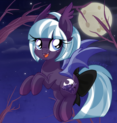 Size: 2380x2500 | Tagged: safe, artist:spookyle, oc, oc only, oc:moonlit dust, oc:moonlit mist, species:bat pony, species:pony, g4, bat pony oc, bow, cute, cute little fangs, fangs, female, hair bow, looking at you, mare, moon, night, ocbetes, open mouth, open smile, sharp teeth, smiling, smiling at you, solo, three quarter view