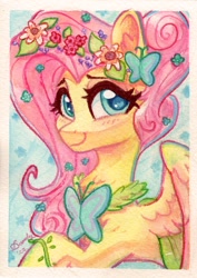 Size: 850x1200 | Tagged: safe, artist:dandy, character:fluttershy, species:pegasus, species:pony, g4, beautiful, blushing, clothing, cute, dress, ear fluff, eyebrows, eyelashes, female, flower, flower in hair, gala dress, looking at you, mare, painting, shyabetes, simple background, smiling, solo, traditional art, watercolor painting, wings