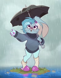 Size: 1490x1892 | Tagged: safe, artist:rexyseven, oc, oc only, oc:whispy slippers, species:anthro, species:rabbit, beanbrows, clothing, colored eyebrows, female, glasses, island, open mouth, rain, scrunchie, shoes, slippers, socks, solo, species swap, sweater, umbrella, water, worried