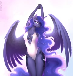Size: 1928x2000 | Tagged: safe, alternate version, artist:sparkling_light, part of a set, character:princess luna, species:alicorn, species:anthro, g4, absolute cleavage, breasts, cleavage, clothing, curvy, female, hourglass figure, mare, one-piece swimsuit, sexy, simple background, solo, spread wings, stretching, stupid sexy princess luna, swimsuit, white swimsuit, winged anthro, wings