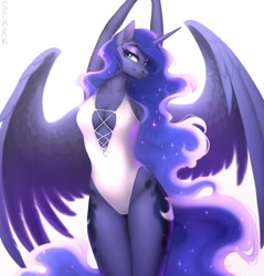 Size: 1637x1713 | Tagged: safe, alternate version, artist:sparkling_light, part of a set, character:princess luna, species:alicorn, species:anthro, g4, absolute cleavage, breasts, cleavage, clothing, curvy, female, hourglass figure, mare, one-piece swimsuit, sexy, simple background, solo, spread wings, stretching, stupid sexy princess luna, swimsuit, white swimsuit, winged anthro, wings