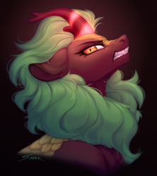 Size: 1734x1950 | Tagged: safe, artist:sparkling_light, character:cinder glow, character:summer flare, species:kirin, species:pony, g4, angry, bust, colored eyebrows, dark, dark background, ears back, eyebrows, female, glowing, glowing horn, gradient background, horn, imminent nirik, looking at you, magic, mare, portrait, profile, signature, simple background, solo, teeth, this will end in fire
