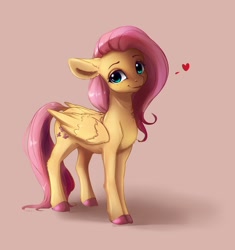 Size: 2316x2460 | Tagged: safe, artist:miokomata, character:fluttershy, species:pegasus, species:pony, g4, brown background, colored eyebrows, colored hooves, cute, dawwww, eyebrows, female, floating heart, floppy ears, freckles, freckleshy, heart, high res, hooves, looking at you, mare, shyabetes, simple background, smiling, smiling at you, solo, sternocleidomastoid, unshorn fetlocks