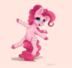 Size: 3126x2962 | Tagged: safe, artist:miokomata, character:pinkie pie, species:earth pony, species:pony, g4, bipedal, chest fluff, colored hooves, cute, diapinkes, eyebrows, hooves, looking at you, open mouth, open smile, signature, smiling, smiling at you, solo, three quarter view