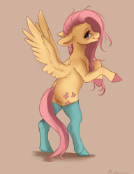 Size: 2312x3012 | Tagged: safe, artist:miokomata, character:fluttershy, species:pegasus, species:pony, g4, aside glance, beige background, bipedal, blep, blushing, chest fluff, clothing, colored hooves, cute, female, floppy ears, freckles, freckleshy, high res, hooves, looking at you, mare, profile, shyabetes, silly, simple background, smiling, smiling at you, socks, solo, spread wings, tongue out, wings