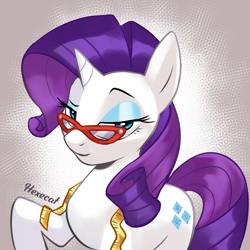 Size: 2500x2500 | Tagged: safe, artist:hexe_cat, character:rarity, species:pony, species:unicorn, g4, abstract background, eyebrows, female, glasses, lidded eyes, looking at you, mare, measuring tape, raised eyebrow, raised hoof, solo, three quarter view