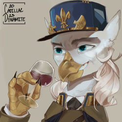 Size: 1200x1200 | Tagged: safe, artist:cadillacdynamite, oc, oc only, species:griffon, alcohol, clothing, commission, drink, general, glass, kepi, male, military, military uniform, necktie, portrait, shirt, simple background, solo, uniform, wine, wine glass