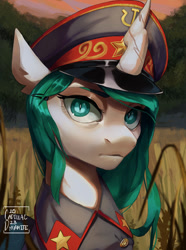 Size: 891x1200 | Tagged: safe, artist:cadillacdynamite, oc, oc only, species:changeling, clothing, communism, complex background, female, general, hat, horn, looking at you, military, military uniform, portrait, solo, uniform