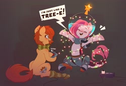Size: 3079x2103 | Tagged: safe, artist:rexyseven, oc, oc only, oc:koraru koi, oc:rusty gears, species:earth pony, species:pony, species:seapony (g4), augmented, blushing, button, christmas, christmas lights, christmas tree, clothing, cute, cutie mark, dialogue, duo, duo female, eyebrows, eyebrows visible through hair, eyelashes, eyes closed, female, females only, helmet, holiday, lights, mare, ocbetes, prosthetic leg, prosthetic limb, prosthetics, scarf, simple background, sitting, smiling, socks, string lights, striped socks, text, tree