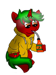 Size: 3024x4032 | Tagged: safe, artist:paprika jenkins, oc, oc:piquant pepper, species:pony, species:unicorn, clothing, drink, drinking, hoodie, hot sauce, male, solo, transparent background