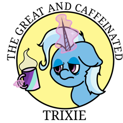 Size: 1752x1752 | Tagged: safe, alternate version, character:trixie, species:pony, species:unicorn, g4, caffeine, circle background, coffee, coffee mug, drink, great and powerful, magic, messy mane, missing accessory, mug, panel break, redraw, simple background, solo, steam, text, tired, transparent background