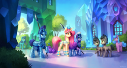 Size: 2000x1070 | Tagged: safe, artist:asimos, character:king sombra, character:princess amore, species:crystal pony, species:pony, species:umbrum, species:unicorn, episode:the crystal empire, g4, my little pony: friendship is magic, armor, blue eyes, crown, crystal guard, crystal guard armor, digital art, female, green eyes, helmet, horn, jewelry, looking at each other, looking at someone, mare, necklace, open mouth, orange eyes, peytral, raised hoof, regalia, smiling, spear, three quarter view, tree, weapon, window
