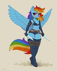 Size: 1600x2000 | Tagged: safe, artist:asimos, part of a set, character:rainbow dash, species:anthro, species:pegasus, species:plantigrade anthro, g4, belt, blushing, boots, breasts, clothing, colored eyebrows, colored pupils, dagger, eyebrows, fantasy class, female, gloves, long gloves, looking at you, mare, midriff, rogue, sexy, shoes, skimpy outfit, small breasts, solo, spread wings, stupid sexy rainbow dash, thigh boots, three quarter view, weapon, wings