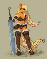 Size: 1600x2000 | Tagged: safe, artist:asimos, part of a set, character:applejack, species:anthro, species:earth pony, species:plantigrade anthro, g4, abs, absolute cleavage, armor, barbarian, barbarianjack, battle bikini, beige background, belly button, boots, braid, braided tail, breasts, brown background, busty applejack, cleavage, clothing, eyebrows, fantasy class, female, giant sword, greatsword, hair braid, looking at you, mare, midriff, shoes, simple background, smiling, socks, solo, sword, tail, thigh boots, thigh highs, three quarter view, unconvincing armor, weapon, windswept mane