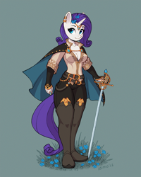 Size: 1600x2000 | Tagged: safe, artist:asimos, part of a set, character:rarity, species:anthro, species:plantigrade anthro, species:unicorn, g4, absolute cleavage, breasts, cape, cleavage, clothing, eyebrows, female, flower, flower in hair, jewelry, looking at you, mare, rapier, ring, simple background, solo, sword, three quarter view, tiara, weapon
