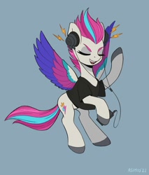 Size: 1700x2000 | Tagged: safe, artist:asimos, character:zipp storm, species:pegasus, species:pony, g5, cellphone, clothing, colored eyebrows, colored hooves, colored wings, eyebrows, eyes closed, female, flying, gray background, headphones, hooves, mare, multicolored wings, open mouth, phone, raised hoof, shirt, signature, simple background, solo, spread wings, t-shirt, three quarter view, unshorn fetlocks, wings