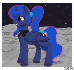Size: 1800x1700 | Tagged: safe, artist:terminalhash, derpibooru original, character:princess luna, species:alicorn, species:pony, g4, border, colored hooves, cute, digital art, female, hairband, hooves, jewelry, lunabetes, mare, moon, necklace, peytral, ponytail, profile, signature, smiling, solo, space, tail, tail band, tail wrap