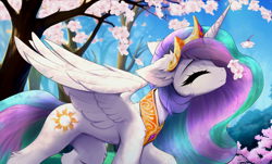 Size: 2822x1706 | Tagged: safe, artist:empress-twilight, character:princess celestia, species:alicorn, species:pony, g4, cherry blossoms, chest fluff, concave belly, crown, cute, cutelestia, ear fluff, eyes closed, feathered wings, female, floppy ears, flower, flower blossom, flower in hair, flowing mane, fluffy, jewelry, leg fluff, mare, necklace, partially open wings, peytral, profile, regalia, slim, smiling, sniffing, solo, thin, transparent mane, walking, wing fluff, wings