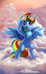 Size: 743x1200 | Tagged: safe, artist:mew, character:rainbow dash, species:pegasus, species:pony, g4, bipedal, cloud, cloudy, cute, dashabetes, female, goggles, grin, looking at you, mare, open mouth, open smile, rainbow, rearing, sky, smiling, solo, spread wings, wings