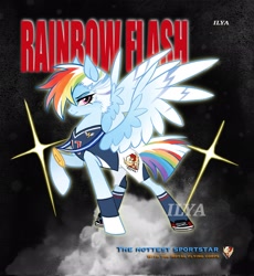 Size: 1881x2048 | Tagged: safe, artist:ilyabethnard, character:rainbow dash, species:pegasus, species:pony, g4, alternate design, alternate hairstyle, clothing, female, looking at you, mare, medal, profile, raised hoof, shoes, shorts, socks, solo, spread wings, uniform, wings