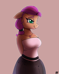 Size: 2000x2500 | Tagged: safe, artist:naen, character:sunny starscout, species:anthro, species:earth pony, g5, clothing, colored eyebrows, dress, eyebrows, female, jewelry, looking at you, mare, necklace, pink background, profile, signature, simple background, smiling, smiling at you, solo