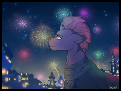 Size: 1280x960 | Tagged: safe, artist:binibean, character:tempest shadow, species:pony, species:unicorn, g4, broken horn, clothing, cute, female, fireworks, floppy ears, happy new year, happy new year 2023, holiday, horn, looking up, mare, new year, night, profile, scarf, solo