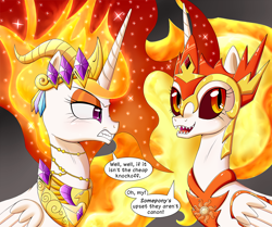 Size: 1000x837 | Tagged: safe, artist:deusexequus, character:daybreaker, character:nightmare star, character:princess celestia, species:alicorn, species:pony, episode:a royal problem, g4, my little pony: friendship is magic, angry, crown, dialogue, duo, fangs, female, gray background, helmet, jewelry, looking back, mare, necklace, peytral, profile, regalia, sharp teeth, simple background, slit pupils, speech bubble, text, three quarter view, two flaming sunponies