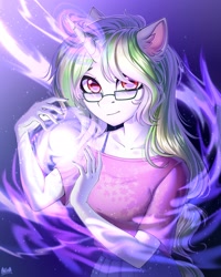 Size: 2000x2500 | Tagged: safe, artist:hakaina, oc, oc only, species:anthro, species:unicorn, g4, anthro oc, bigger than a planet, female, glasses, looking at you, macro, mare, signature, solo, unicorn oc