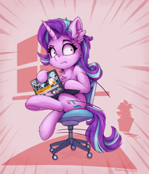 Size: 1645x1920 | Tagged: safe, artist:zeepheru_pone, character:phyllis, character:starlight glimmer, species:pony, species:unicorn, g4, annoyed, board game, chair, cheek fluff, chest fluff, computer, cup, cutie mark, dragon pit, ear fluff, equal cutie mark, female, fluffy, kite, laptop computer, looking at you, mare, meme, mug, pink background, signature, simple background, sitting, solo, sticker, teacup, underhoof, window, wow! glimmer