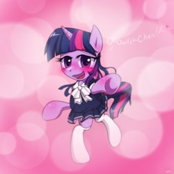 Size: 1280x1280 | Tagged: safe, artist:surgicalarts, character:twilight sparkle, character:twilight sparkle (unicorn), species:pony, species:unicorn, g4, abstract background, bipedal, blushing, clothing, dialogue, female, looking at you, mare, open mouth, school uniform, socks, solo, text, uniform