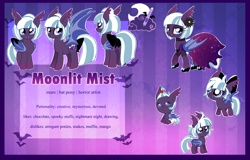 Size: 4397x2807 | Tagged: safe, artist:spookyle, oc, oc:moonlit mist, species:bat pony, species:pony, g4, baby, baby pony, bat, bat pony oc, bat wings, bow, choker, clothing, colored wings, cute, dress, ear tufts, female, filly, flower, flower in hair, foal, folded wings, freckles, front view, full face view, grand galloping gala, hair bow, jewelry, mare, necklace, ocbetes, profile, reference sheet, shoes, side view, solo, spread wings, striped background, tail, tail bow, three quarter view, wings, young