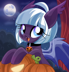 Size: 2327x2410 | Tagged: safe, artist:spookyle, oc, oc:moonlit mist, species:bat pony, species:pony, g4, bat pony oc, bat wings, choker, collar, cute, cute little fangs, fangs, female, food, freckles, full moon, halloween, holiday, jack-o-lantern, jewelry, looking at you, mare, moon, necklace, night, night sky, ocbetes, open mouth, pumpkin, sharp teeth, signature, sky, solo, spread wings, three quarter view, wings