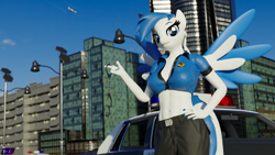 Size: 7680x4320 | Tagged: safe, artist:shadowboltsfm, oc, oc:striker blue, species:anthro, species:pegasus, species:plantigrade anthro, species:pony, 3d, absurd resolution, blender, bondage, breasts, city, cuffs, eyelashes, hand, hand on hip, hips, looking at you, nail polish, not sfm, police car, police pony, smiling