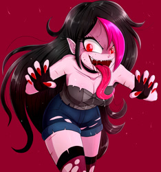 Size: 1500x1600 | Tagged: safe, artist:the-butch-x, oc, oc only, oc:zoe star pink, g4, my little pony:equestria girls, bare shoulders, blood, breasts, clothing, evil, evil grin, female, grin, long tongue, looking at you, nail polish, open mouth, sharp teeth, sleeveless, smiling, solo, strapless, teeth, this will end in pain, tongue out, vampire