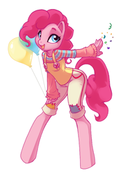 Size: 520x761 | Tagged: safe, artist:kamicheetah, character:pinkie pie, species:anthro, species:earth pony, species:unguligrade anthro, g4, balloon, colored eyebrows, confetti, cute, diapinkes, example, eyebrows, female, happy, looking at you, mare, open mouth, open smile, pocket confetti, simple background, smiling, smiling at you, solo, three quarter view, white background