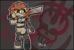 Size: 1338x911 | Tagged: safe, artist:scarletdoodle, oc, oc only, species:pony, species:unicorn, fallout equestria, g4, armor, armored pony, bipedal, blood, blood stains, brown coat, clothing, crossover, eye clipping through hair, fallout, female, machete, mare, no pupils, orange mane, raider, ripped stockings, socks, solo, stockings, thigh highs, torn clothes, unicorn oc, video game, weapon, yellow eyes