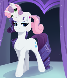 Size: 1732x2000 | Tagged: safe, artist:nika-rain, character:rarity, character:sweetie belle, species:pony, species:unicorn, g4, commission, cute, duo, female, filly, foal, looking at you, looking left, mare, pony hat, riding, siblings, sisters, smiling, sweetie belle riding rarity, young