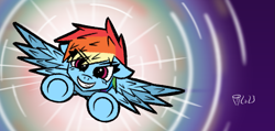 Size: 1215x580 | Tagged: safe, artist:scarletdoodle, character:rainbow dash, species:pegasus, species:pony, g4, abstract background, blue coat, eye clipping through hair, female, flying, front view, full face view, looking at you, mare, multicolored hair, pink eyes, rainbow hair, smiling, smirk, solo, sonic rainboom, spread wings, wings