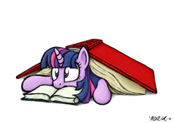 Size: 1053x739 | Tagged: safe, artist:yorik-cz, character:twilight sparkle, character:twilight sparkle (unicorn), species:pony, species:unicorn, g4, book, book fort, cute, female, frown, lying down, mare, prone, signature, simple background, that pony sure does love books, twiabetes, white background, wide eyes