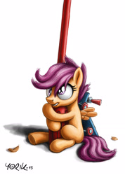 Size: 1860x2612 | Tagged: safe, artist:yorik-cz, character:scootaloo, species:pegasus, species:pony, g4, derp, feather, female, filly, lamppost, pole, scooter, signature, simple background, solo, white background, young