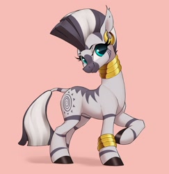Size: 2680x2755 | Tagged: safe, artist:aquaticvibes, character:zecora, species:zebra, g4, anklet, ear piercing, earring, eyebrows, eyelashes, female, hooves, jewelry, mohawk, neck rings, one hoof raised, piercing, simple background, solo, tail