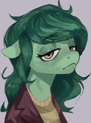 Size: 1560x2100 | Tagged: safe, artist:cadillacdynamite, character:wallflower blush, species:earth pony, species:pony, g4, bust, clothing, eyebrows, eyebrows visible through hair, eyelashes, female, floppy ears, freckles, frown, jacket, mare, ponified, portrait, shirt, simple background, solo, species swap