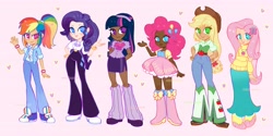 Size: 4096x2048 | Tagged: safe, artist:softpinkpony, character:applejack, character:fluttershy, character:pinkie pie, character:rainbow dash, character:rarity, character:sunset shimmer, character:twilight sparkle, species:human, g4, my little pony:equestria girls, boots, clothing, cutie mark, cutie mark on clothes, dark skin, denim, dress, ear piercing, earring, eqg promo pose set, frilly dress, human coloration, humane five, humane six, humanized, jeans, jewelry, light skin, pants, piercing, pink background, shoes, simple background, skirt, sneakers, species swap, sweater, tan skin