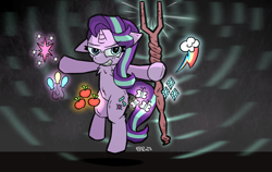 Size: 2000x1265 | Tagged: safe, artist:scarletdoodle, character:starlight glimmer, species:pony, species:unicorn, g4, blue eyes, chest fluff, cutie mark, female, floating, glowing horn, levitation, magic, mare, multicolored hair, solo, staff, staff of sameness, t pose, telekinesis
