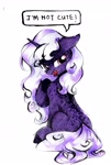 Size: 2105x3122 | Tagged: safe, artist:liaaqila, oc, oc:gloaming sheen, species:pony, species:unicorn, dialogue, female, i'm not cute, looking at you, no cutie mark, solo