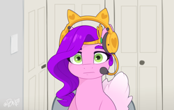 Size: 2447x1546 | Tagged: safe, artist:rivin177, derpibooru original, character:pipp petals, species:pegasus, species:pony, g5, bust, chair, circlet, colored eyebrows, eyebrows, female, front view, full face view, headphones, indoors, linus tech tips, looking at you, mare, meme, microphone, neutral, pipp wings, room, signature, sitting, solo, staring at you, staring into your soul, wings