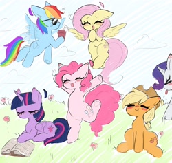 Size: 2700x2560 | Tagged: safe, artist:arwencuack, character:applejack, character:fluttershy, character:pinkie pie, character:rainbow dash, character:rarity, character:twilight sparkle, character:twilight sparkle (alicorn), species:alicorn, species:earth pony, species:pegasus, species:pony, species:unicorn, g4, :t, apple family member, applejack's hat, blep, blushing, book, clothing, cloud, cowboy hat, cute, dashabetes, diapinkes, eyebrows, eyes closed, female, flower, flying, folded wings, grass, group, hat, high res, horn, jackabetes, lying down, mane six, mare, mlp fim's thirteenth anniversary, open mouth, open smile, prone, raribetes, reading, sextet, shyabetes, sitting, smiling, spread wings, stetson, sunglasses, tongue out, twiabetes, wings